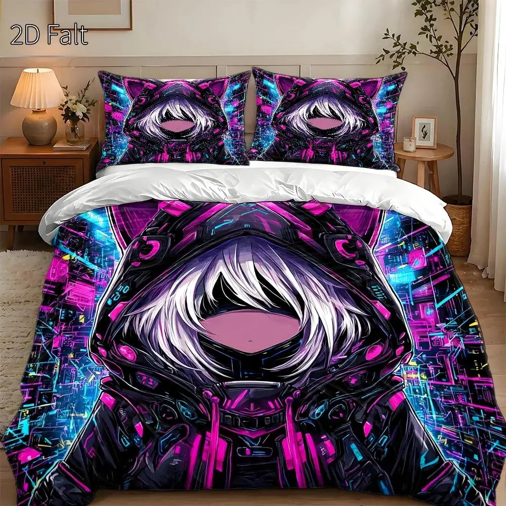 3-Piece Duvet Cover Set, 1 Duvet Cover + 2 Pillowcases (Without Filling) 2D Flat Printing, Duvet Cover Set of Three, Futuristic Cat Head Theme, Cyberpunk Style, Cyber Festival, Suitable for All Seasons, Machine Washable, Invisible Zipper, Large Duvet Cover Set, Bedding Set, Skin-Friendly and Breathable, Soft and Comfortable, Does Not Fade or Pill, for Home/Dorm