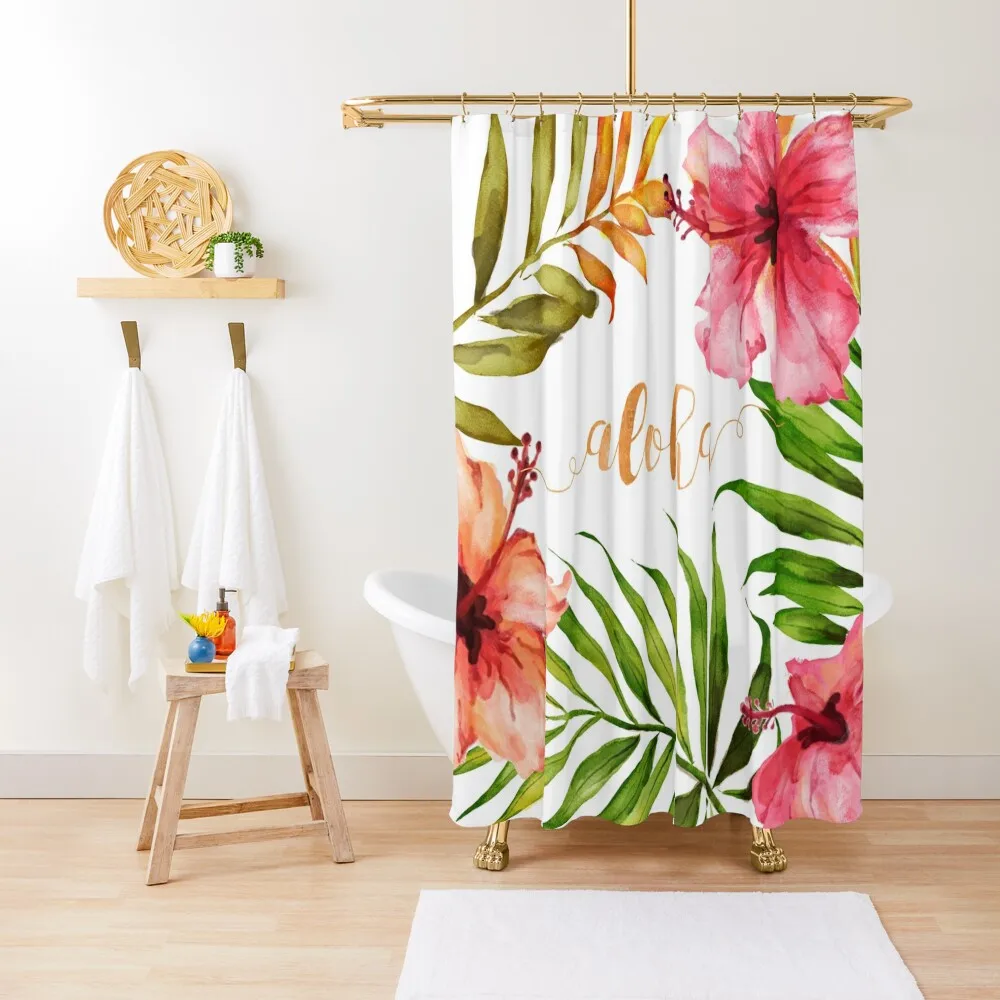 

Aloha Tropical Hawaiian Floral Watercolor Shower Curtain Luxury Bathroom Shower Sets For Bathroom Curtain