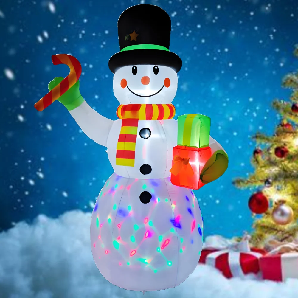 2.1M Christmas Inflatable Snowman Holding Gifts and Candy Model Built-in LED Light Xmas Props Household Accessories Holiday Deco