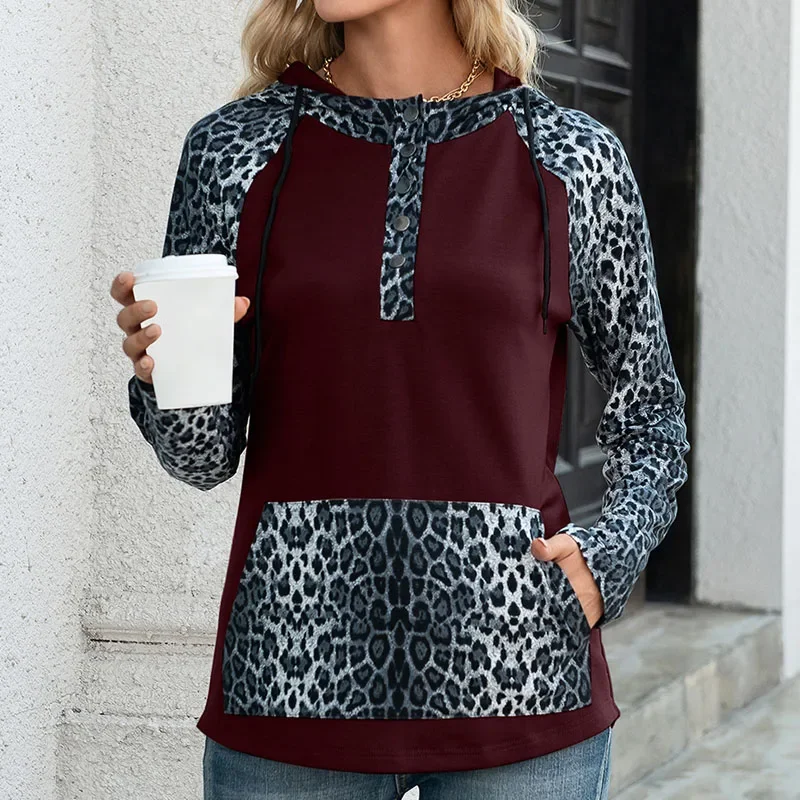 

2023 Spring Autumn Fashion Leopard Patchwork Long Sleeve Lady Tops Women Sweatshirts Casual Hooded Collar Loose Pocket Pullover