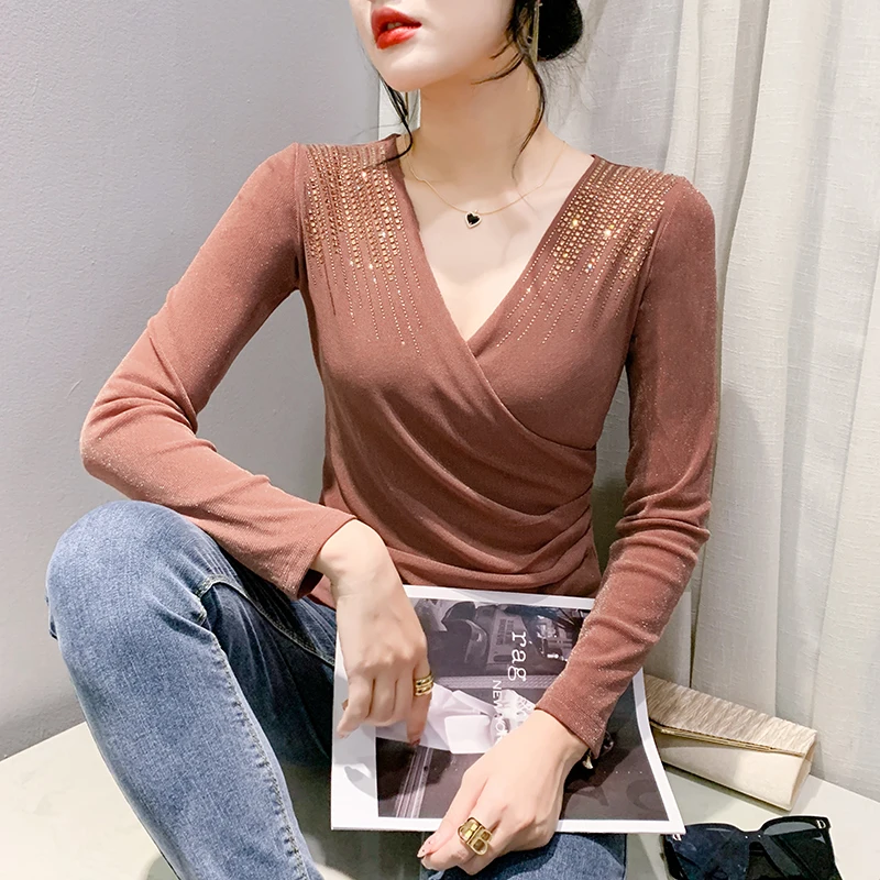 여성용 페이셔너블 미 베이스, 화려한 V넥 크로스 디자인, 슬림핏, 엘레 탑, 스트리트 스타일, 가을 겨울용