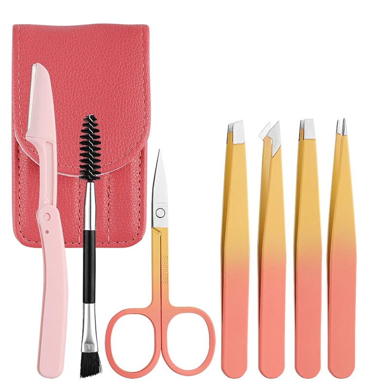 ชุดแหนบถอนขนคิ้วอเนกประสงค์ 7 ชิ้น สีสันสดใส หัวแหนบแบบเฉียง/แบน อุปกรณ์เสริมความงามสำหรับขนคิ้วและขนคุด