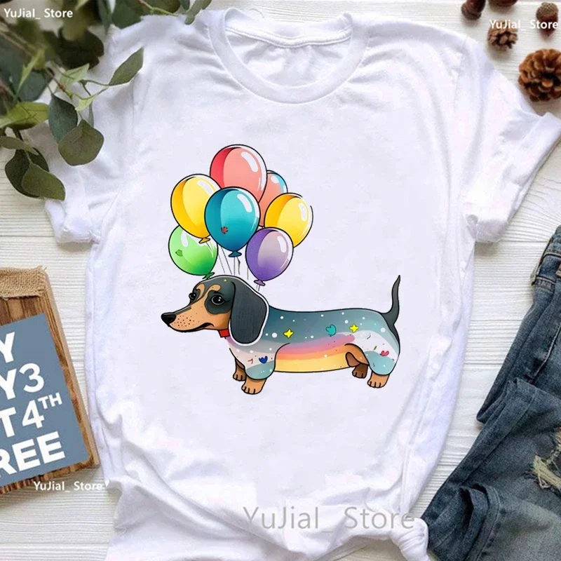 Cute Dachshund Love Balloon Animal Print T Shirt Girls Kawaii Dog Lover Tshirt Women Summer Tops Tee Shirt Femme Harajuku Shirt