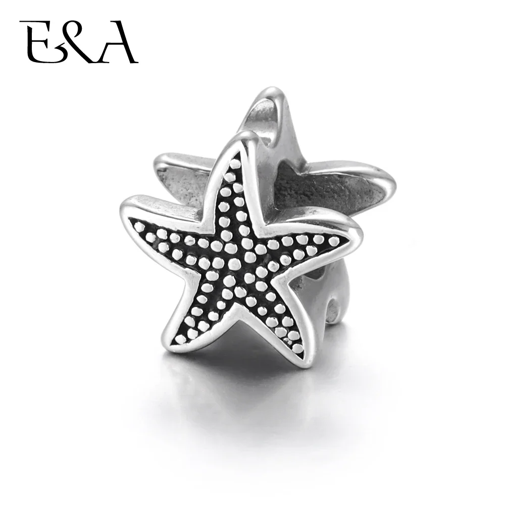 Stainless Steel Starfish European Beads 5mm Hole Blacken Metal Animal Charms for Bracelet DIY Accessory Jewelry Making