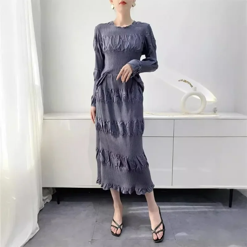 Miyake Embroidery Pleated Skirt Set Women Heavy Embroidery Comfortable Casual Commuter Long Sleeve Top +Half Skirt Two Piece Set