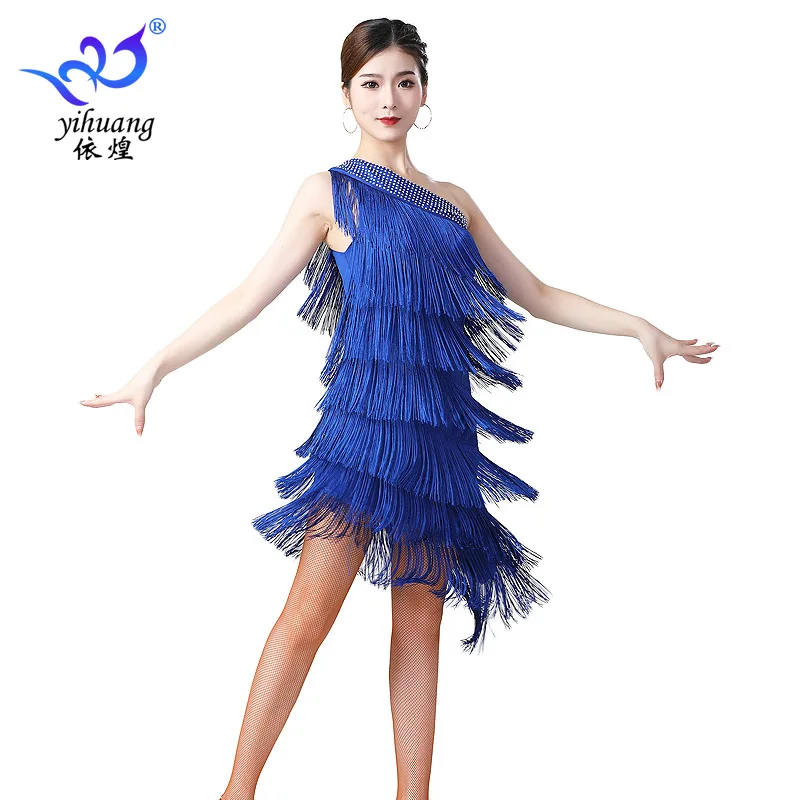 Latin Dance Dress Performance Dress Ballroom Tassel Dress Latin Dance Dress Stage Competition Dress Slanted Shoulder Rhinestone