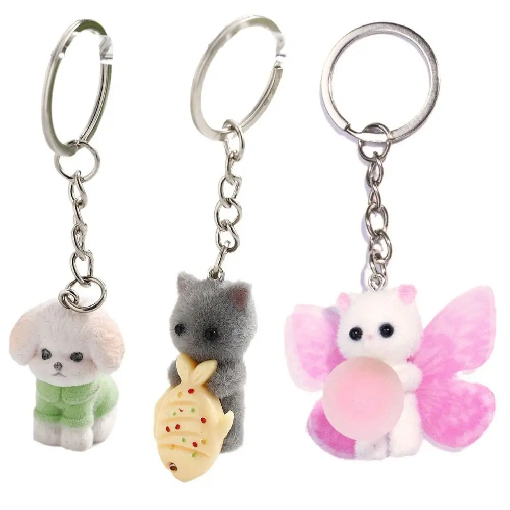 Backpack Ornament Flocking Flocking Cat Keychain 3D Cat Animals Fuzzy Cat Keyring Kawaii Cute Cat Plush Keychain Car Keys