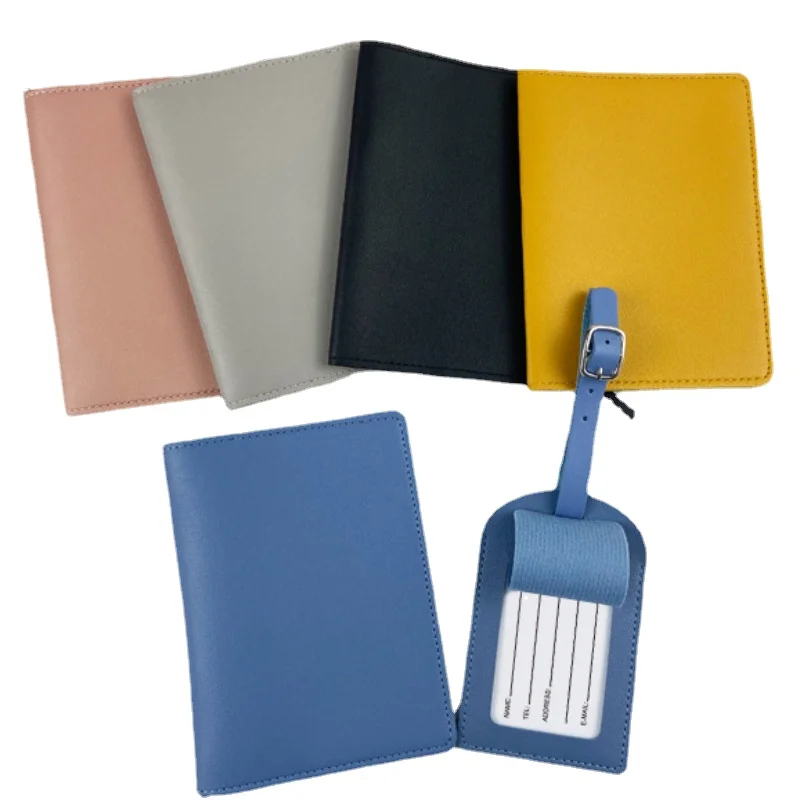 Solid Color PU Leather Luggage Tag Passport Holder Set Passport Protective Cover Protector Travel Portable ID Credit Card Holder