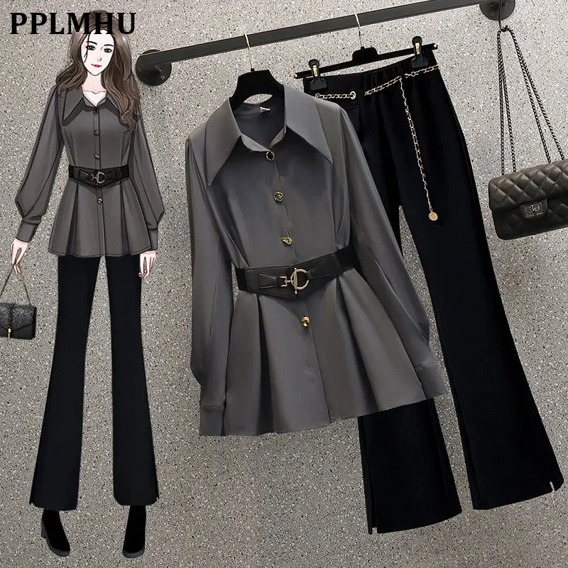 

Korean 2 Piece Set Women Outfits Chic Lantern Sleeve Belted Loose Shirts Ensemble Elegant Black Flare Pant Suit Spring Conjuntos