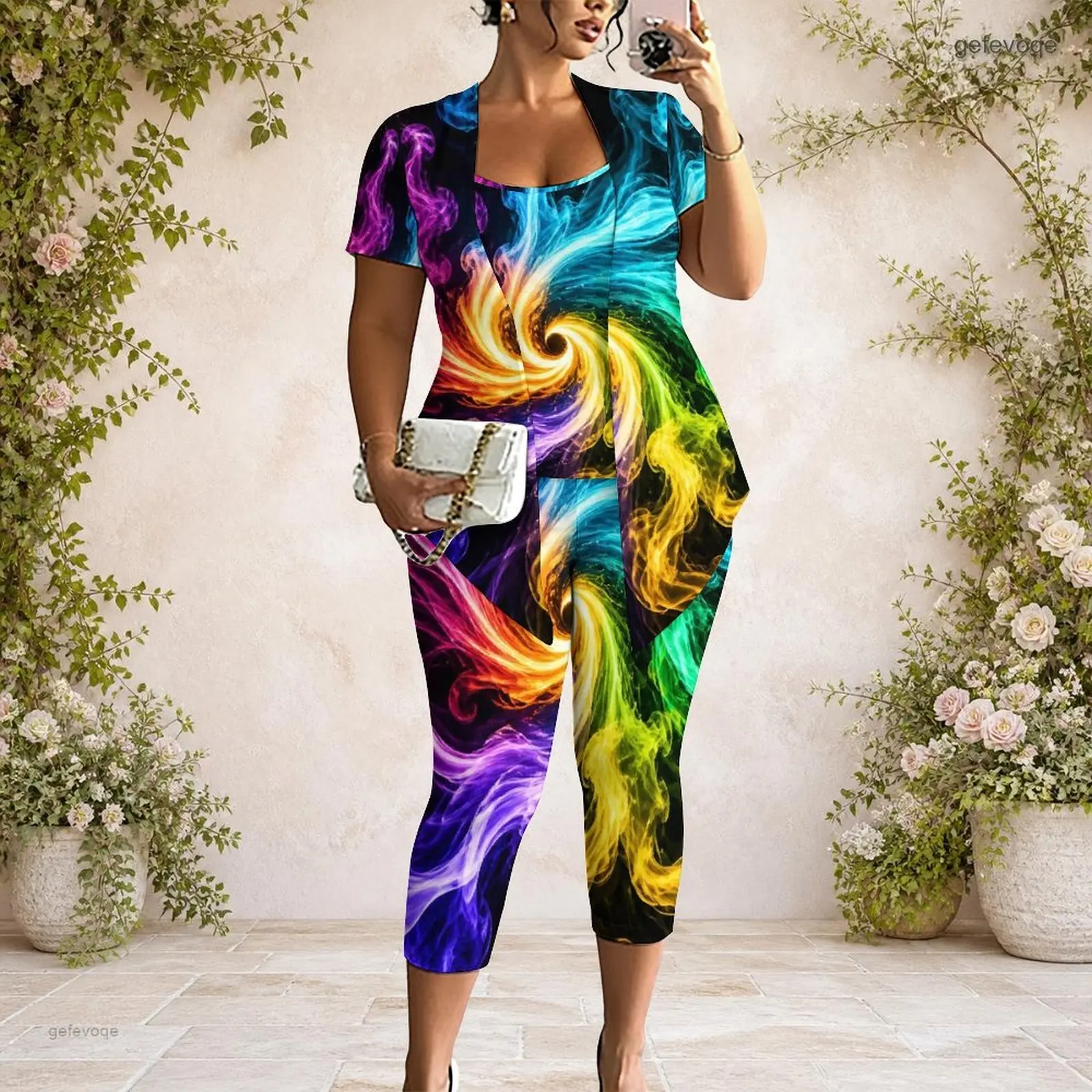Printed Pants Set for Women Short Sleeve Open Front Cardigan Tank Top Capri Pants Three Piece
