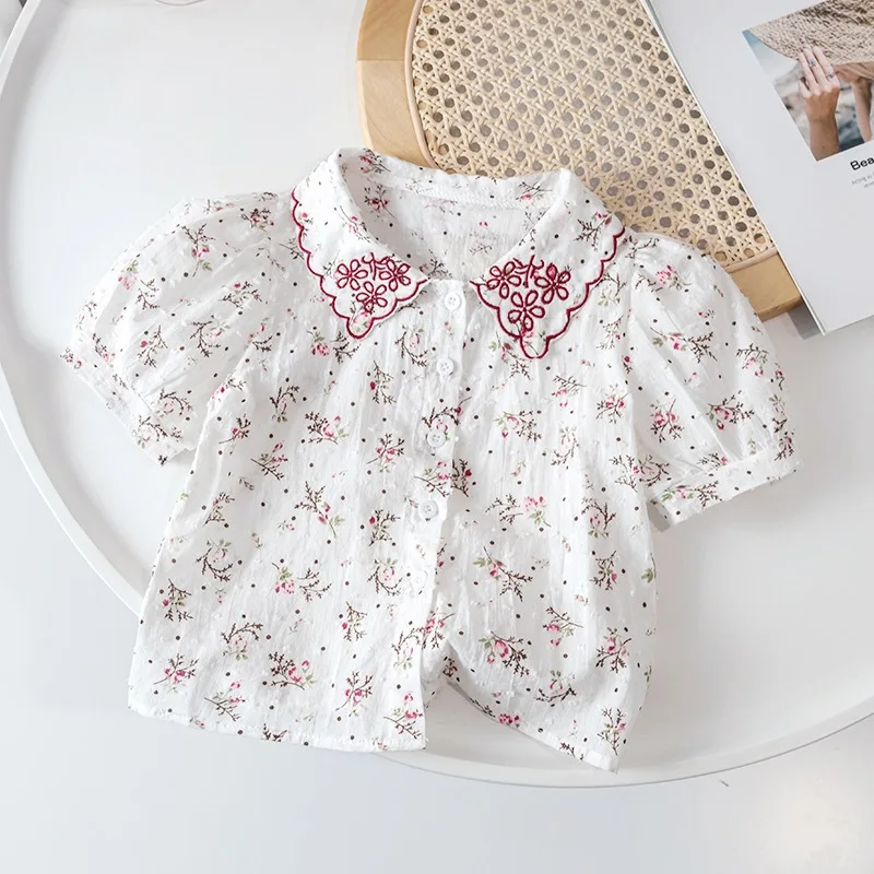 

18M-6T summer children kids girls fashion cute cotton Embroidery short sleeve shirt blouse