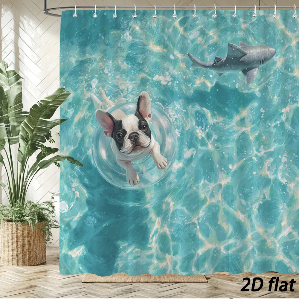 Funny Summer Sea Scene French Bulldog Puppy Relaxing On Transparent Swimming Ring Shark In Blue Ocean Water