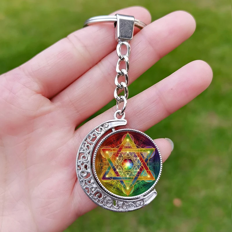 Metatron Cube Pendant Keychain Sacred Geometry Sri Yantra Life Flower Glass Rotated Vintage Key Chain Spiritual Keyring Gift