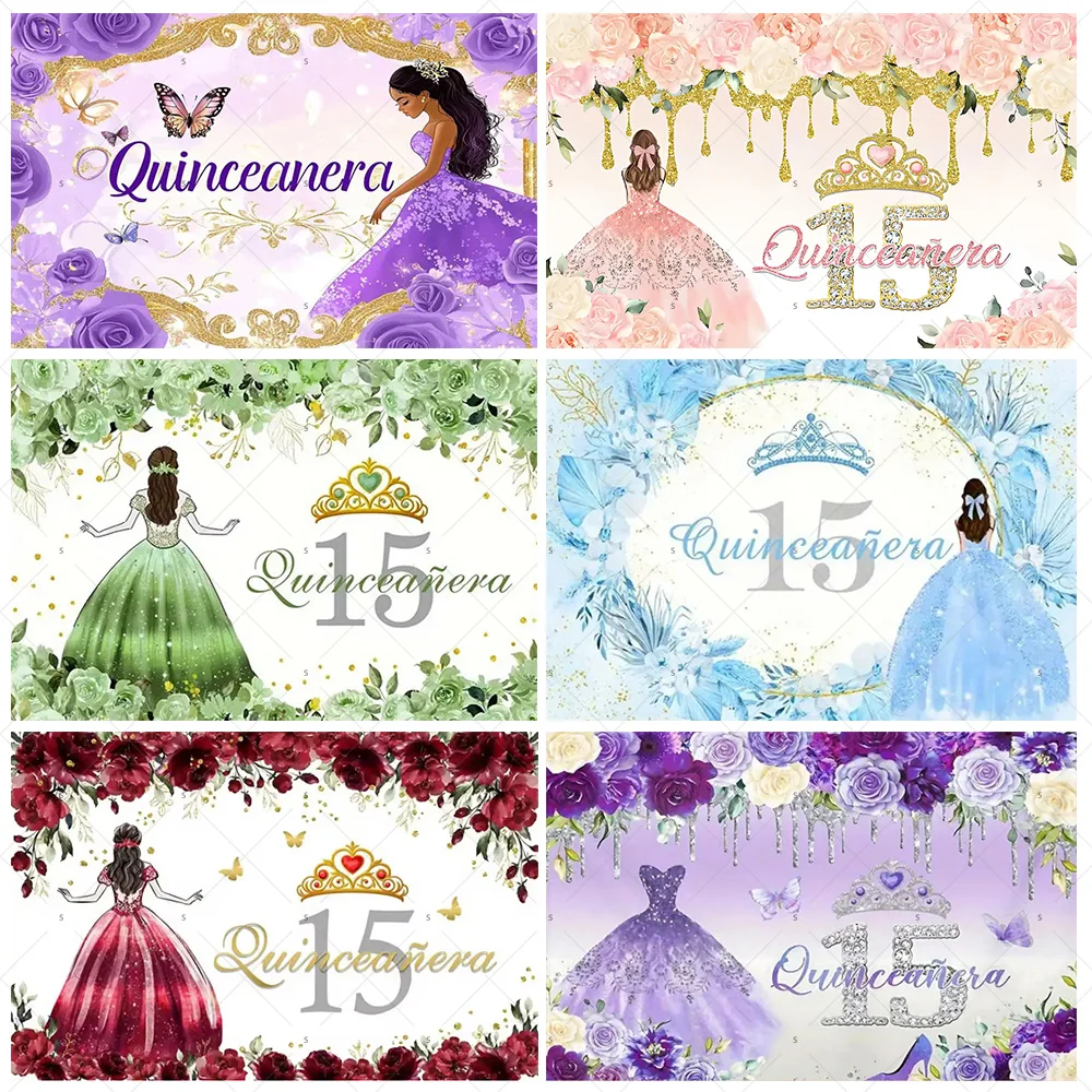 อุปกรณ์ตกแต่งงานวันเกิดเจ้าหญิงอายุ 15 ปี ชุดเดรสเด็กผู้หญิง ฉากหลัง มงกุฎกลิตเตอร์ พื้นหลังดอกไม้ อุปกรณ์ประกอบฉากถ่ายภาพ