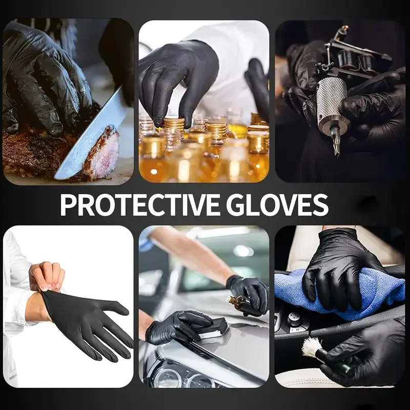 4Mil Black Nitrile Gloves Disposable Latex Free Textured Safety Work Gloves for Industrial Mechanic Automotive Gardening Tattoo