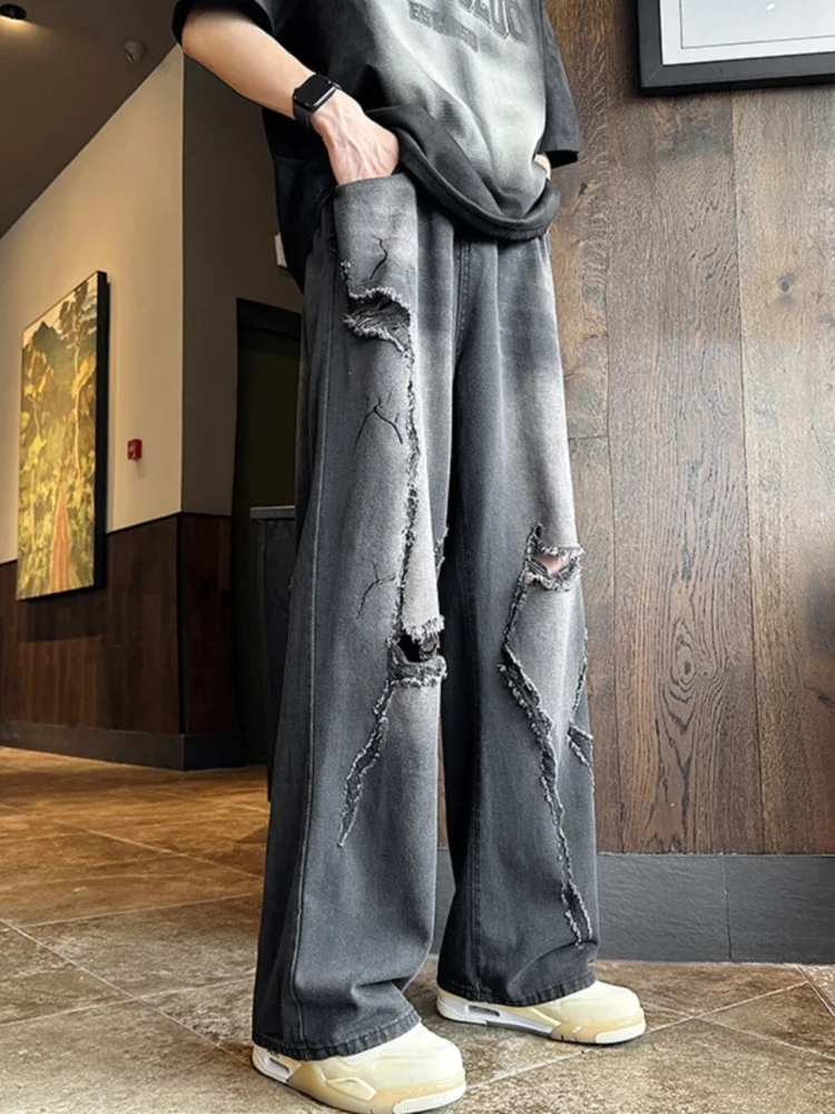 

Мужские джинсы Waed Bla ey: свободные прямые брюки в стиле хип-хоп, рваные джинсовые штаны для молодежи, повседневная одежда, удобный крой