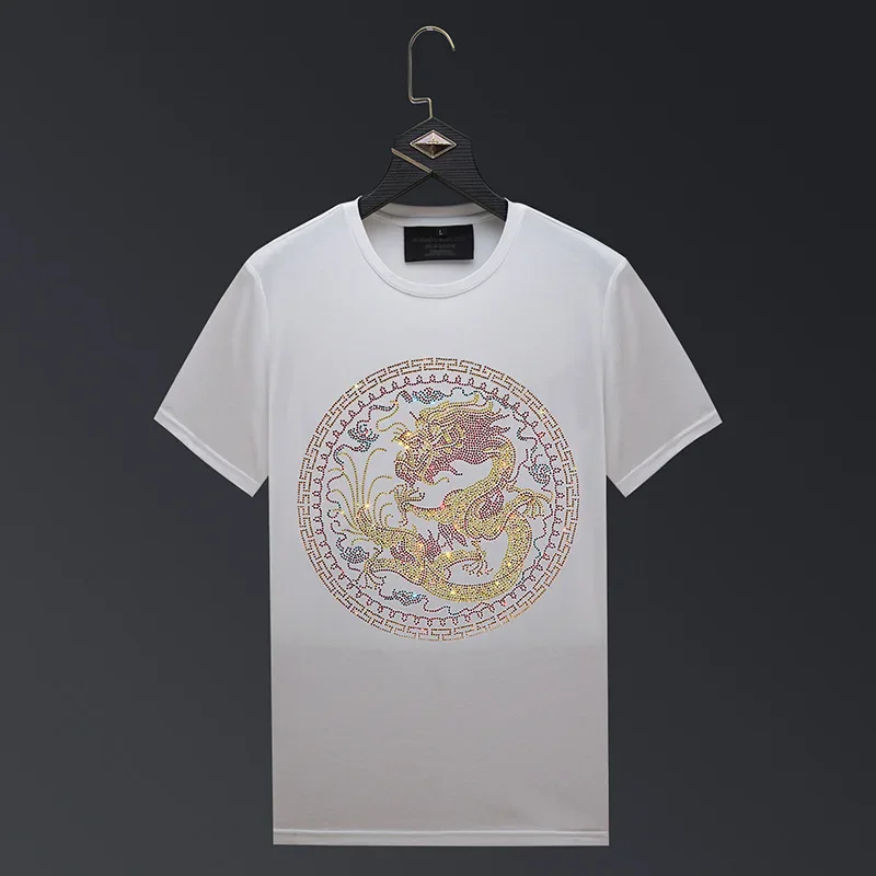 Chinese Dragon Rhinestones Cartoon T Shirts Men Short Sleeve Fashion Streetwear O Neck Slim Modal Cotton Tshirts Camiseta Hombre