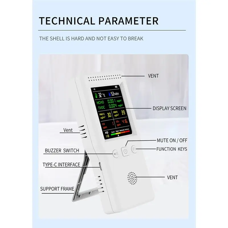 A72U 9 in 1 Air Quality Monitor LCD Display High PM2.5 PM10 HCHO TVOC CO CO2 Temperature Humidity Meter(White)