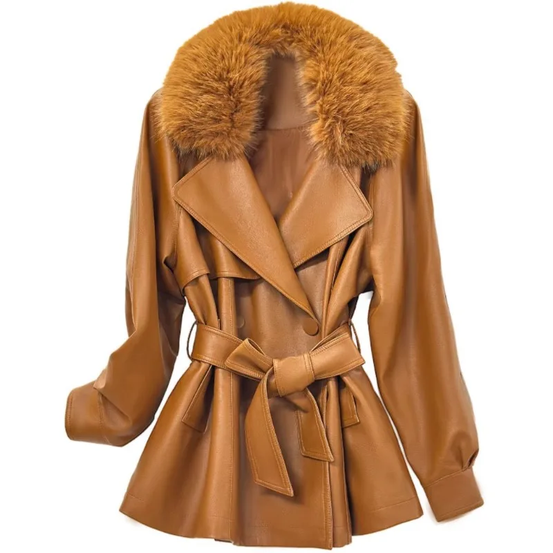 コットンPUレザー レディース レースアップ ウエストレザージャケット 秋冬 大きいサイズ 厚手コート 高級婦人用 ファーカラー取り外し可能