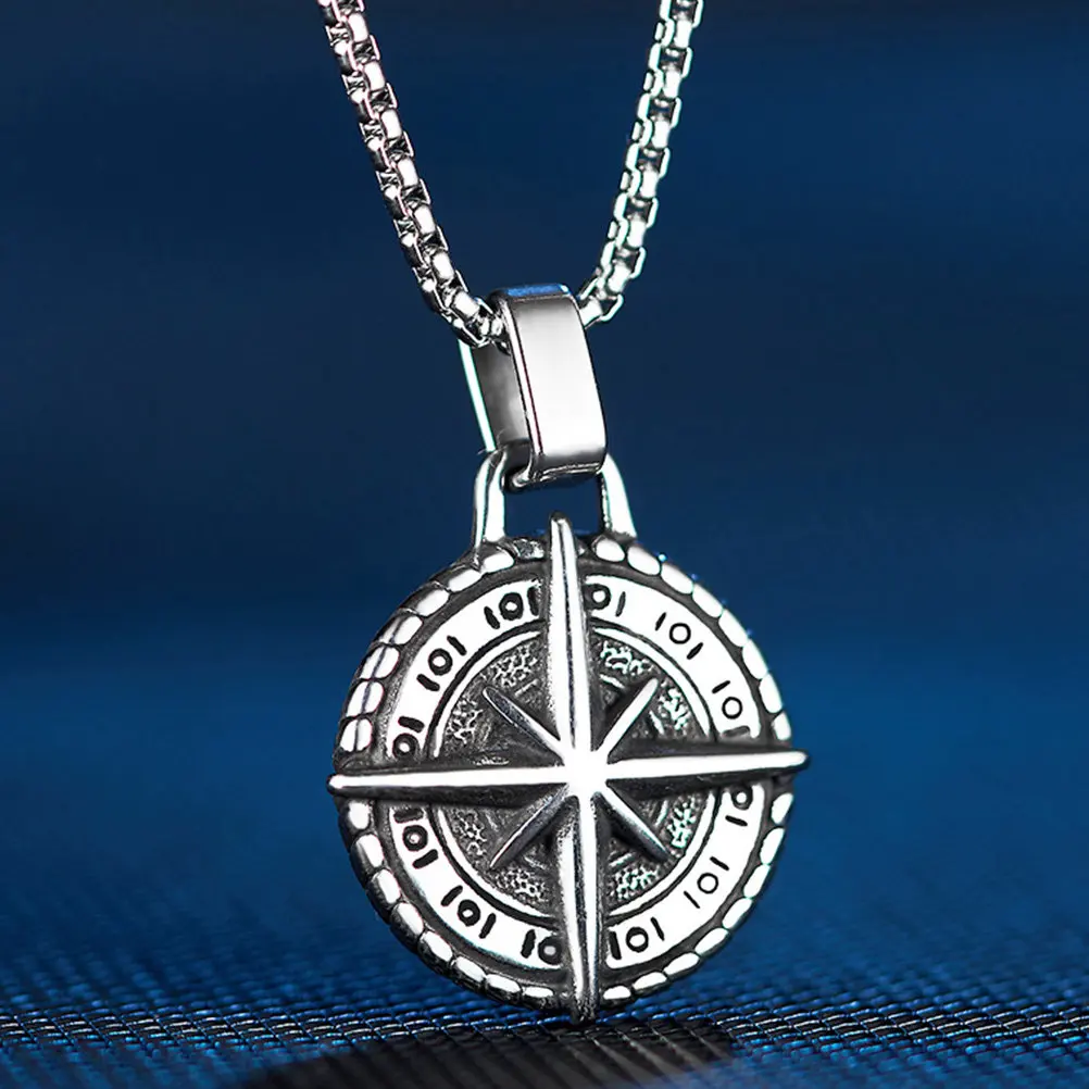 1Pcs Compass Shaped Pendant Necklace Men's Retro Punk Style Premium Material Comfortable Wear Decorative Vintage Neck Chain Gift