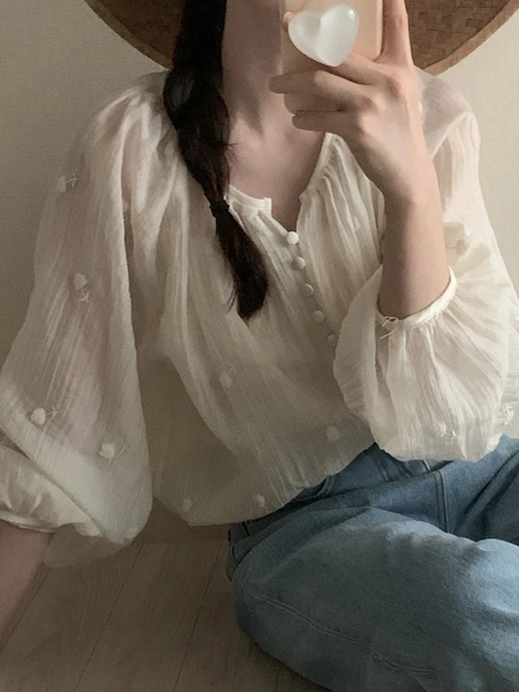 シックな甘い花柄刺繍ルーズ長袖レディースシフォンシャツ韓国風ランタンスリーブカジュアルオフィスウェア