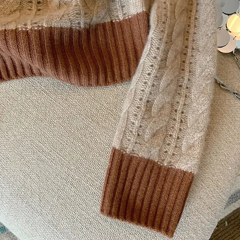 여성용 빈티지 할로우 아웃 풀오버 스웨터, 턴다운 칼라 니트웨어 점퍼, 긴팔 니트 상의, 패널 컬러