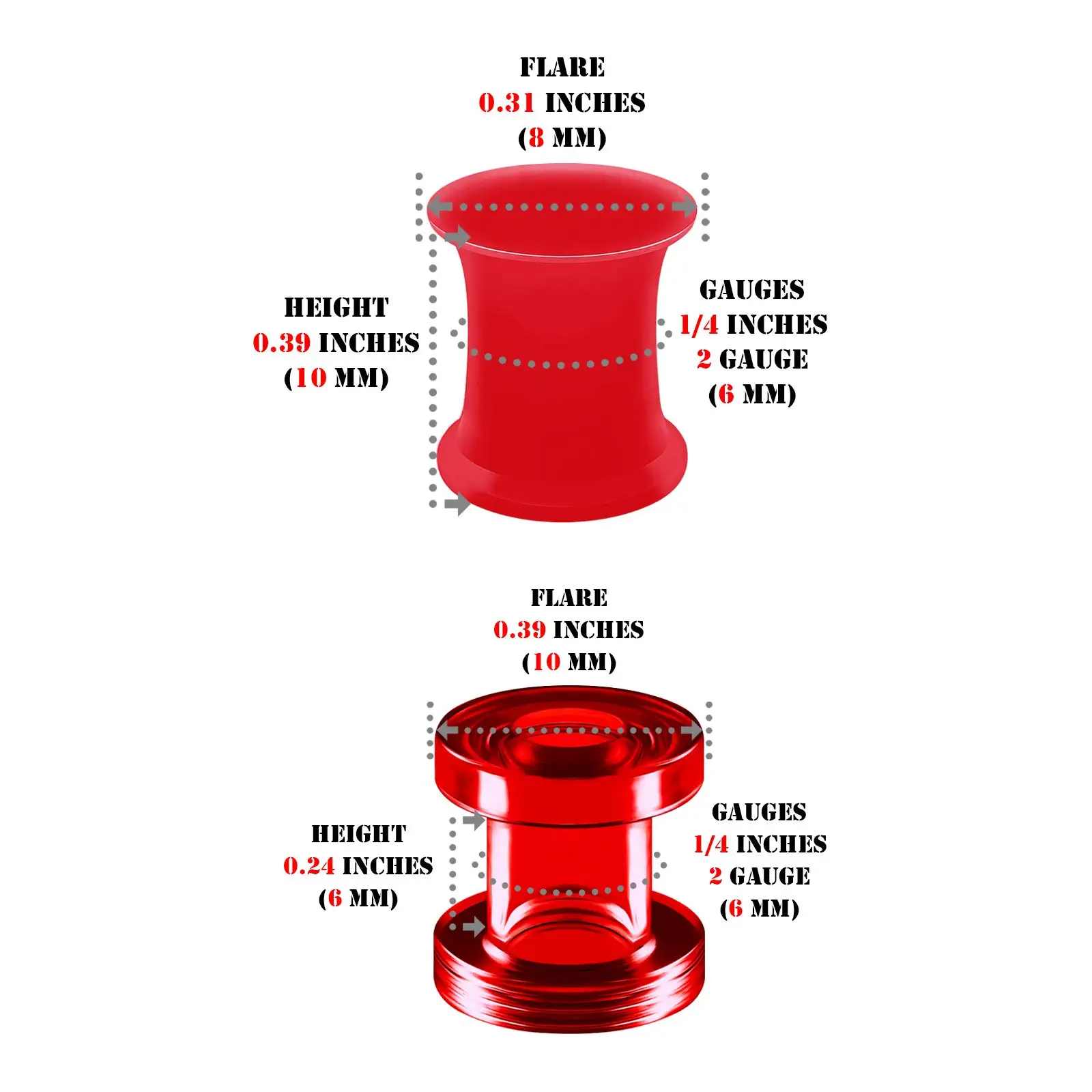 Red Silicone Double Flared Saddle Piercing Jewelry, 1 Pair