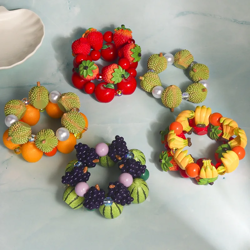 1PCS Summer Dopamine Bracelet 3D Resin Fruit Vegetable Beads Creative Trendy Unique Design Hand Jewelry For Girls Daily Wear