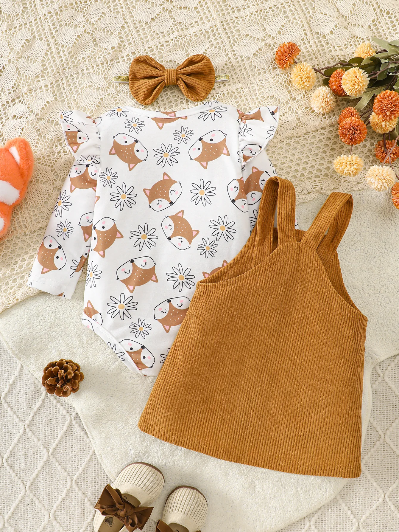 Little Fox Autumn Story Corduroy Set: Full Daisy Print Romper + 3D Embroidered Suspender Skirt + Headband Three-Piece Set, Baby Autumn/Winter Outfit ​