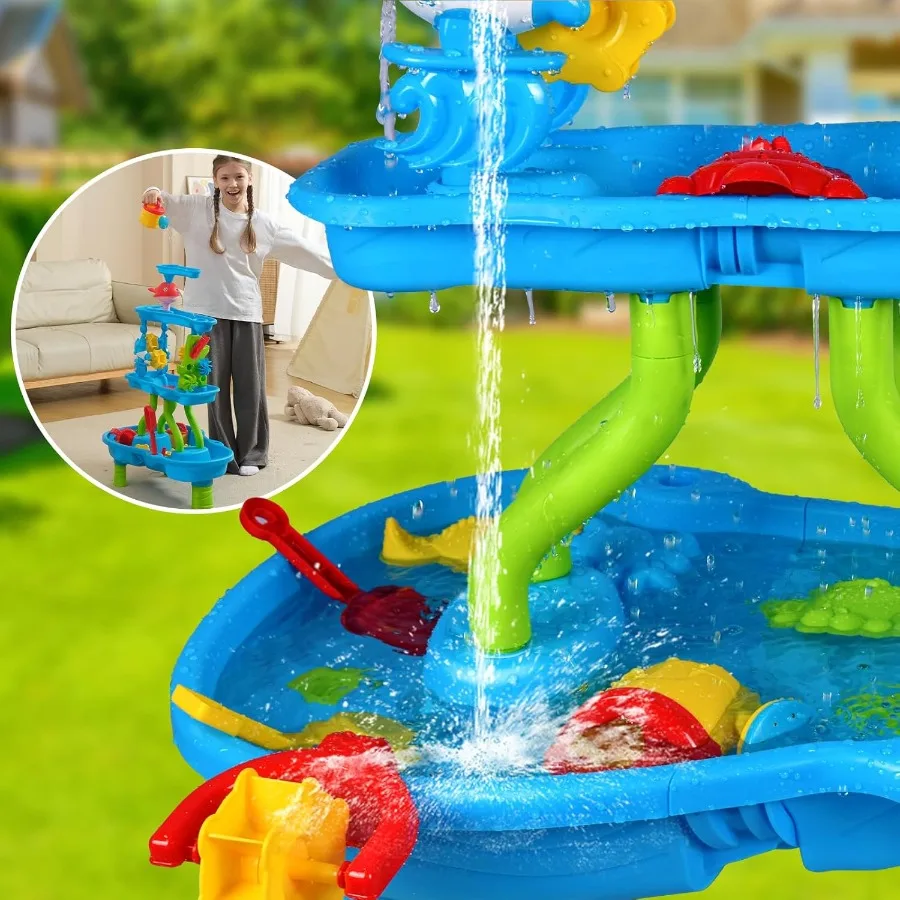 Mesa de agua de 4 niveles para niños de 4 a 8 años, duchas de lluvia, mesa de arena y agua para exteriores, mesas sensoriales para niños pequeños, verano
