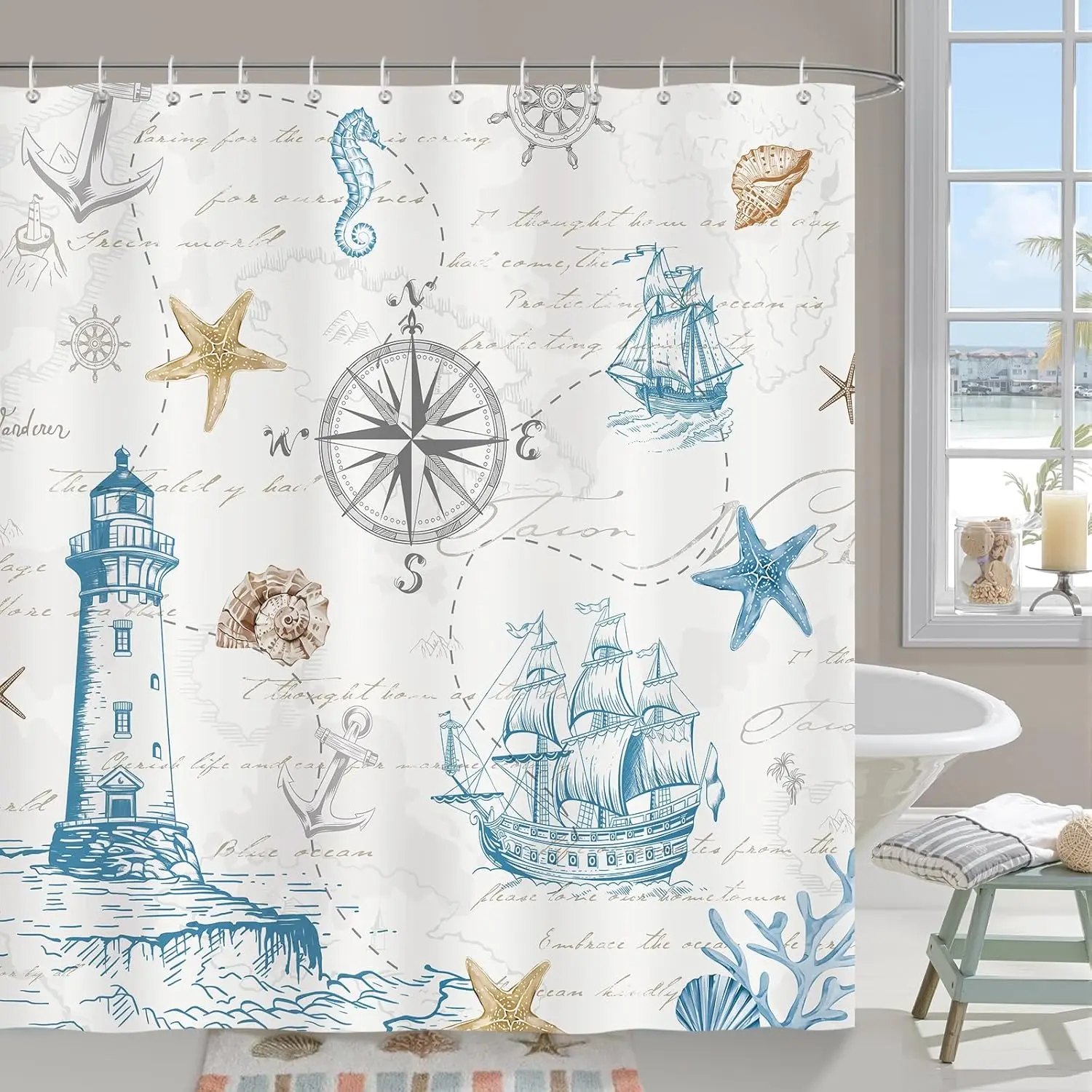 Nautical Shower Curtain Ocean Theme Lighthouse Coastal Beach Bathroom Decor Shower Liner Sea Map Art Decor Home Gift