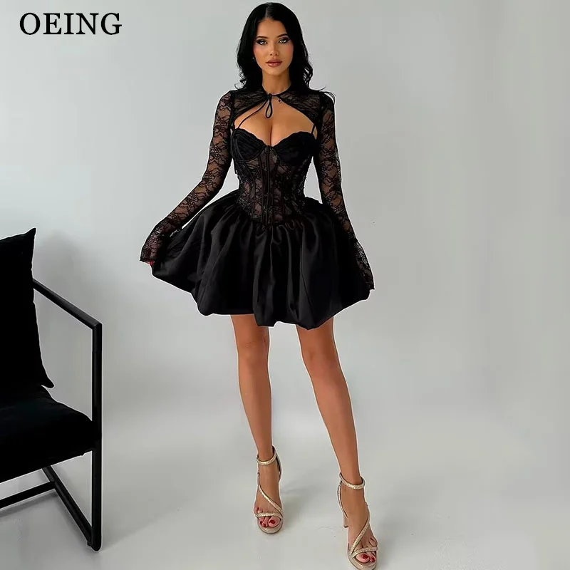 

OEING Black Lace A-Line Prom Dresses Sweetheart Spaghrtti Strap Pleats Illusion Party Gowns Mini Sexy Princess Dress Customized