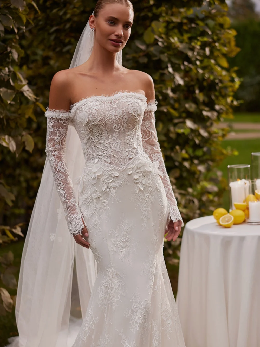 جديد العاج الدانتيل حورية البحر فستان زفاف طويل مع 3D زهرة انفصال كم مطرز ثوب الزفاف فساتين مخصصة للعروس