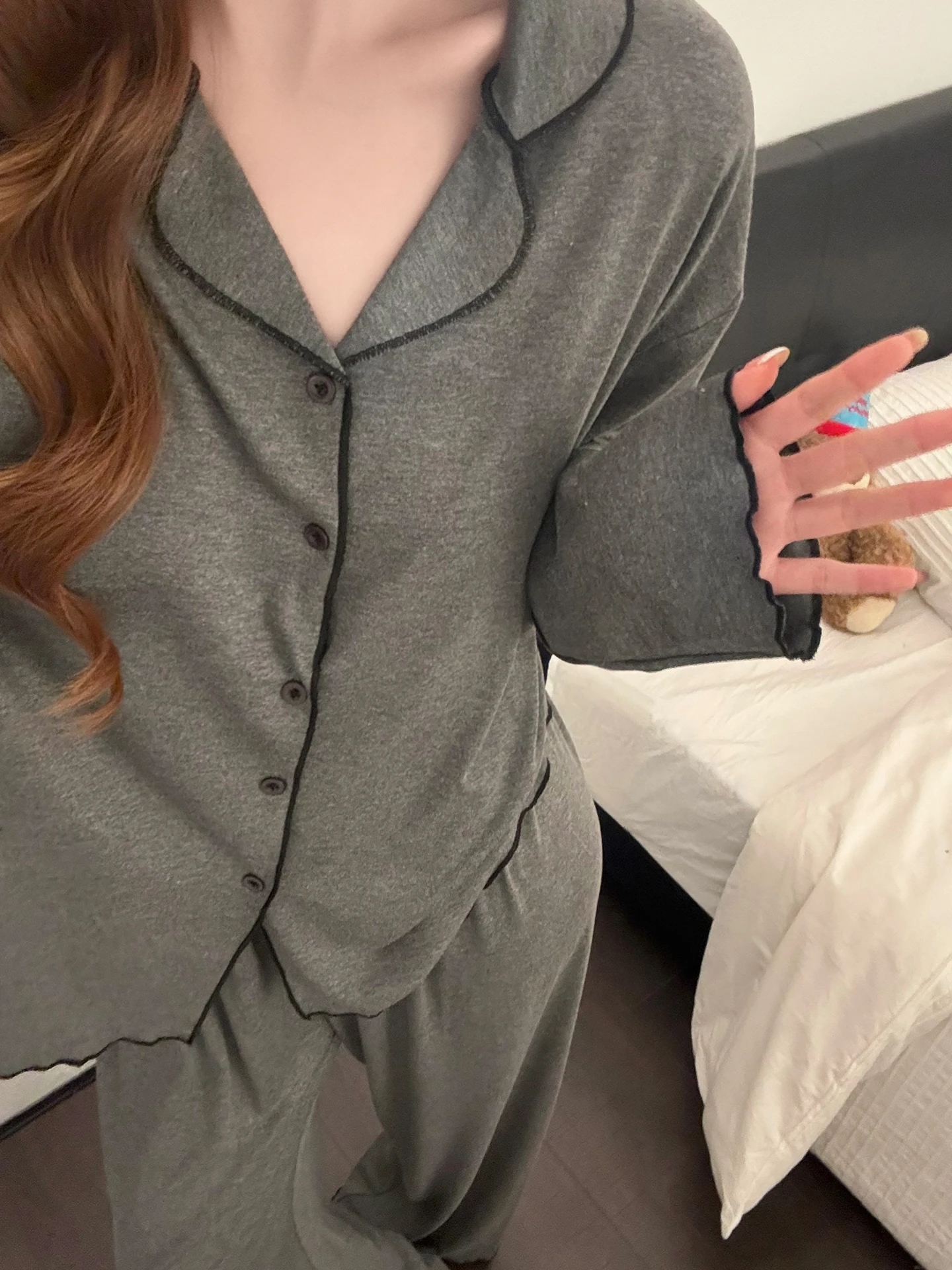 

Korean Lazy Sle Pure Color Women's Spwear Set Comfortable Skin-friendly Long Sve Long Pants Home Clothes with Chest Pad