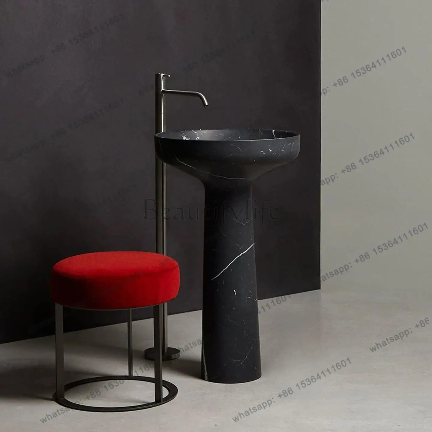 

Black White Marble Pedestal Basin, Outdoor Modern Vanity for Villa Resort, High Hardness & Heat Resistant