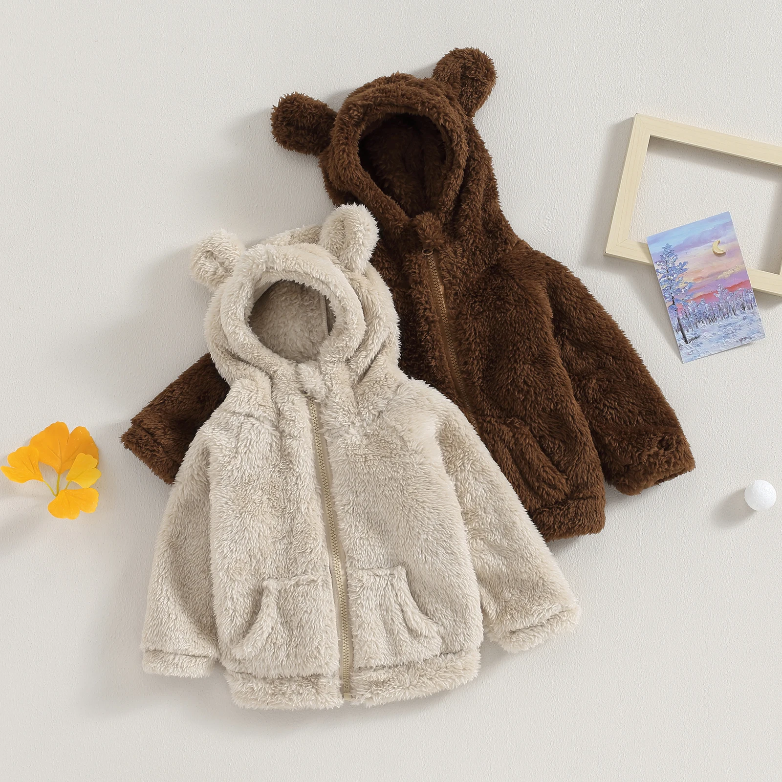 2024 Winter Toddler Boys Zipper Hooded Jackets Plush Warmer Solid Long Sleeve Sweatshirt Coat with Bear Ears Hat for Kids Girls