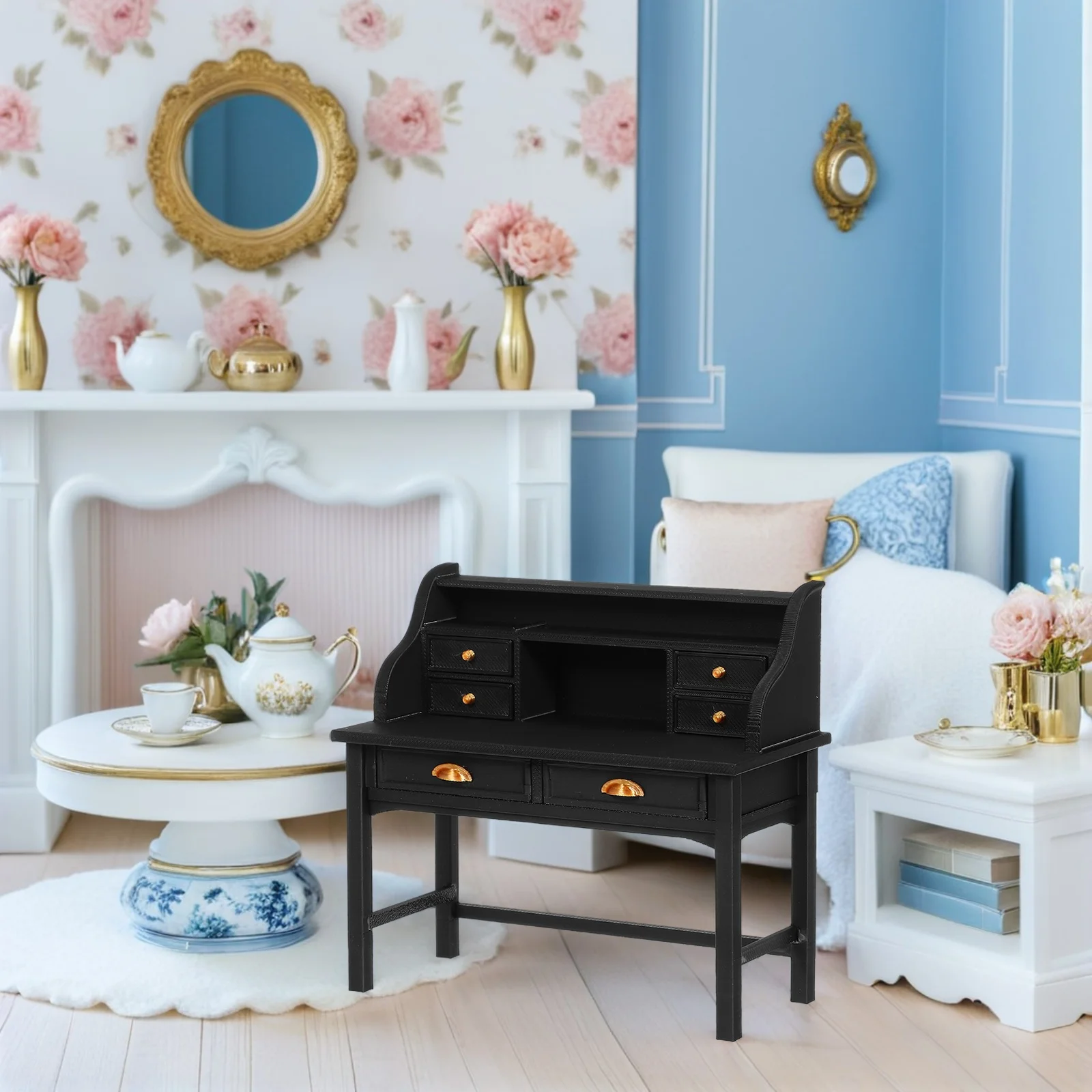 현실적인 미니 가구 소형 테이블 인형 집 액세서리 용 빈티지 플라스틱 작은 책상 소형 견고한 연구 도서관 측면