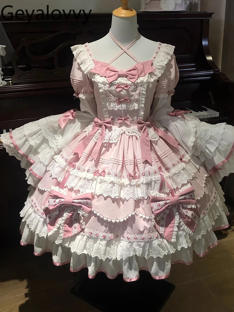 Różowa Lolita Elegancka Urocza Koronkowa Sukienka Księżniczki z Falbankami na Rękawach Japońska Nowa Sukienka na Urodziny z Wysokim Stanem Wyszczuplająca Kokarda