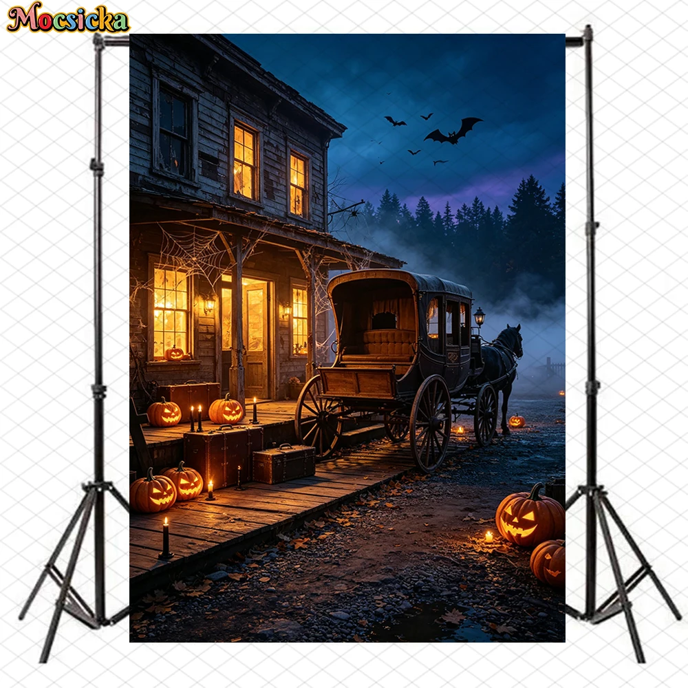Mocsicka Halloween Photography Backdrop Gate Circus Pumpkin Ghost Bell Tower House Background Birthday Party Studio Props Decors