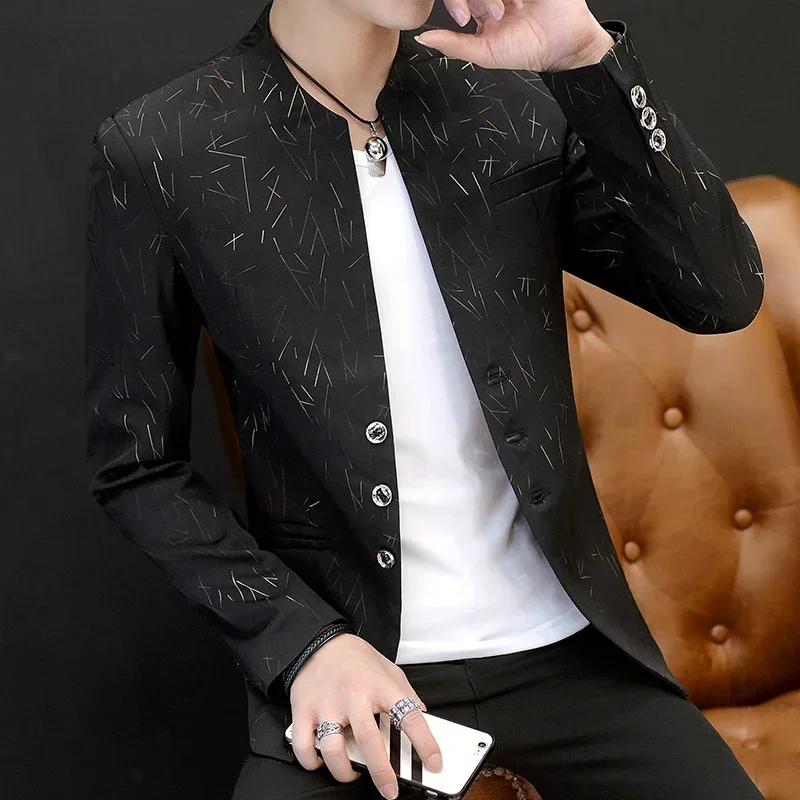 Men\'s Printed Small Suit Male Korean Version of The Self-cultivation Stand-up Collar Chinese Tunic Casual Suit Thin Jacket Youth