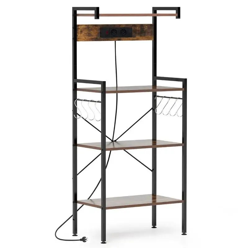 Estante de Cocina con Enchufes y 8 Ganchos en Forma de S, Estante para Microondas, Estante Vertical, Color Marrón