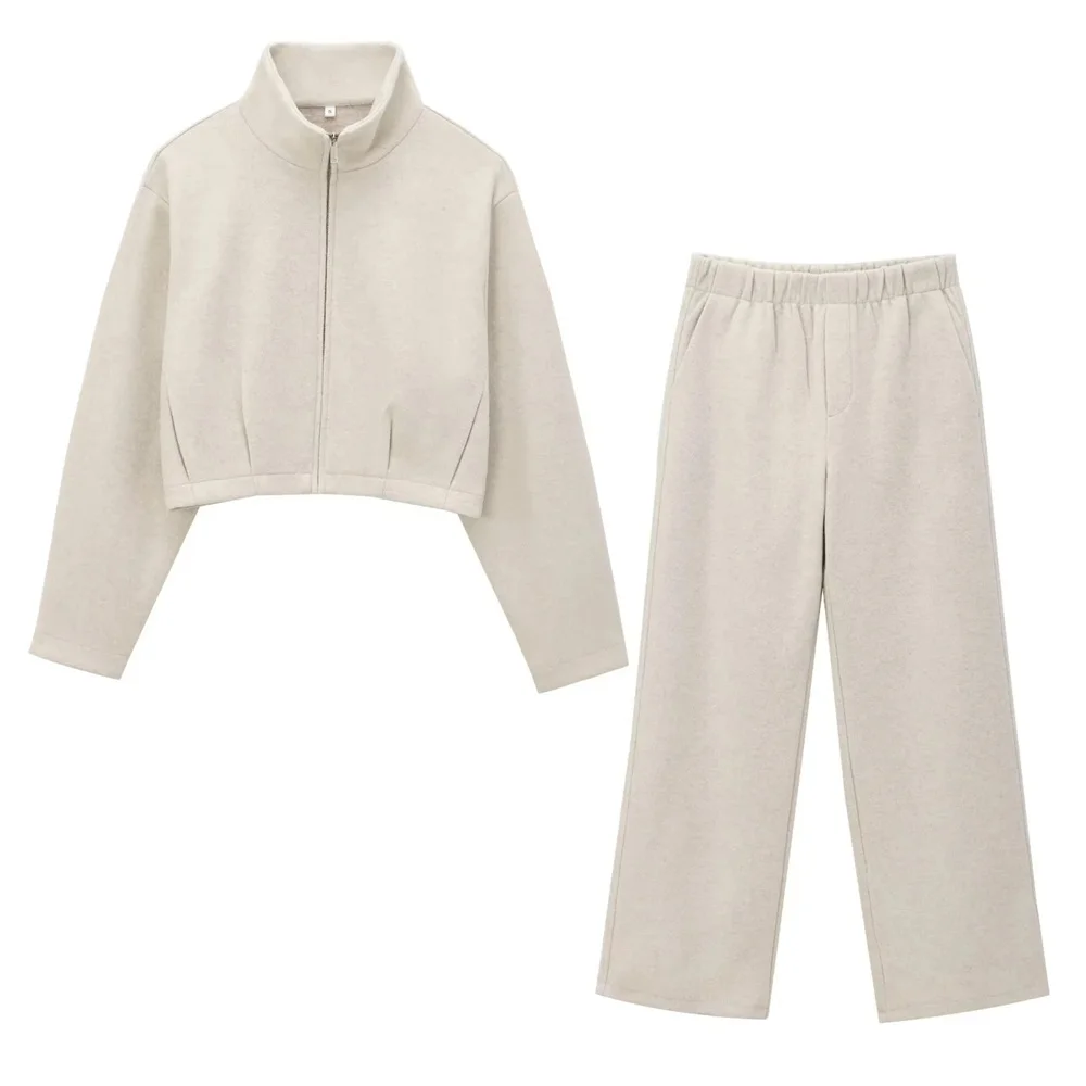 

Женское зимнее новое пальто с воротником-стойкой и длинными рукавами, однотонное пальто на молнии, мягкий комплект прямых брюк со средней талией