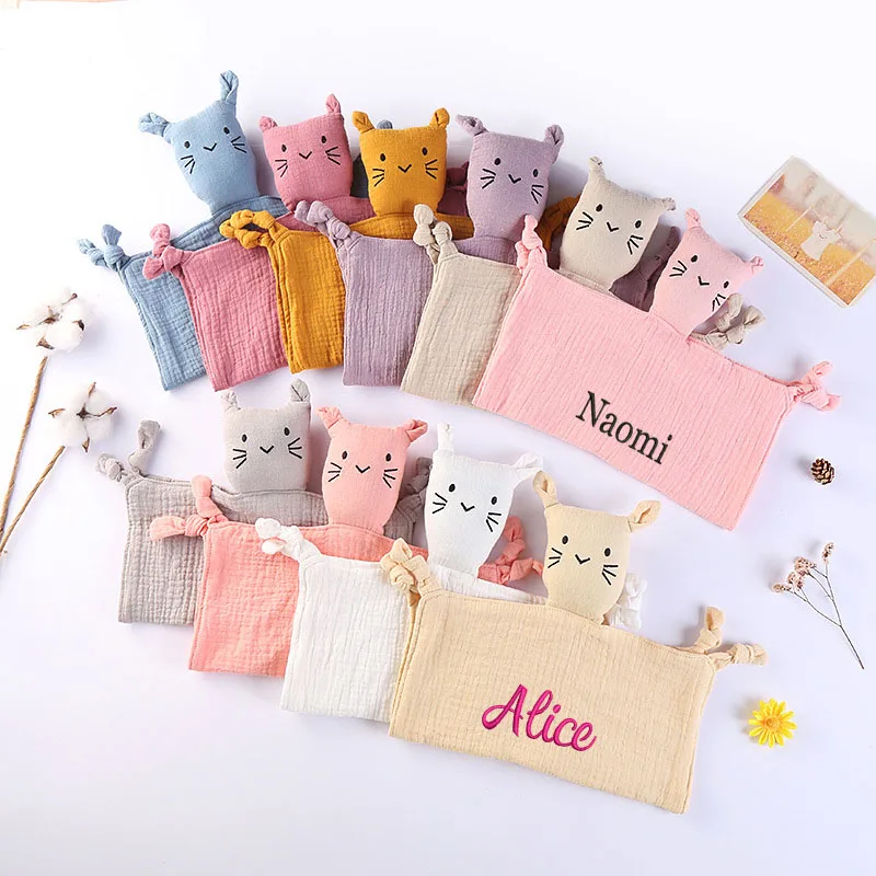 Personalized Name Organic Cotton Baby Comforting Toy Baby Lovey Cat With Security Blanket Baby Shower Gift Baby Sleeping Dolls