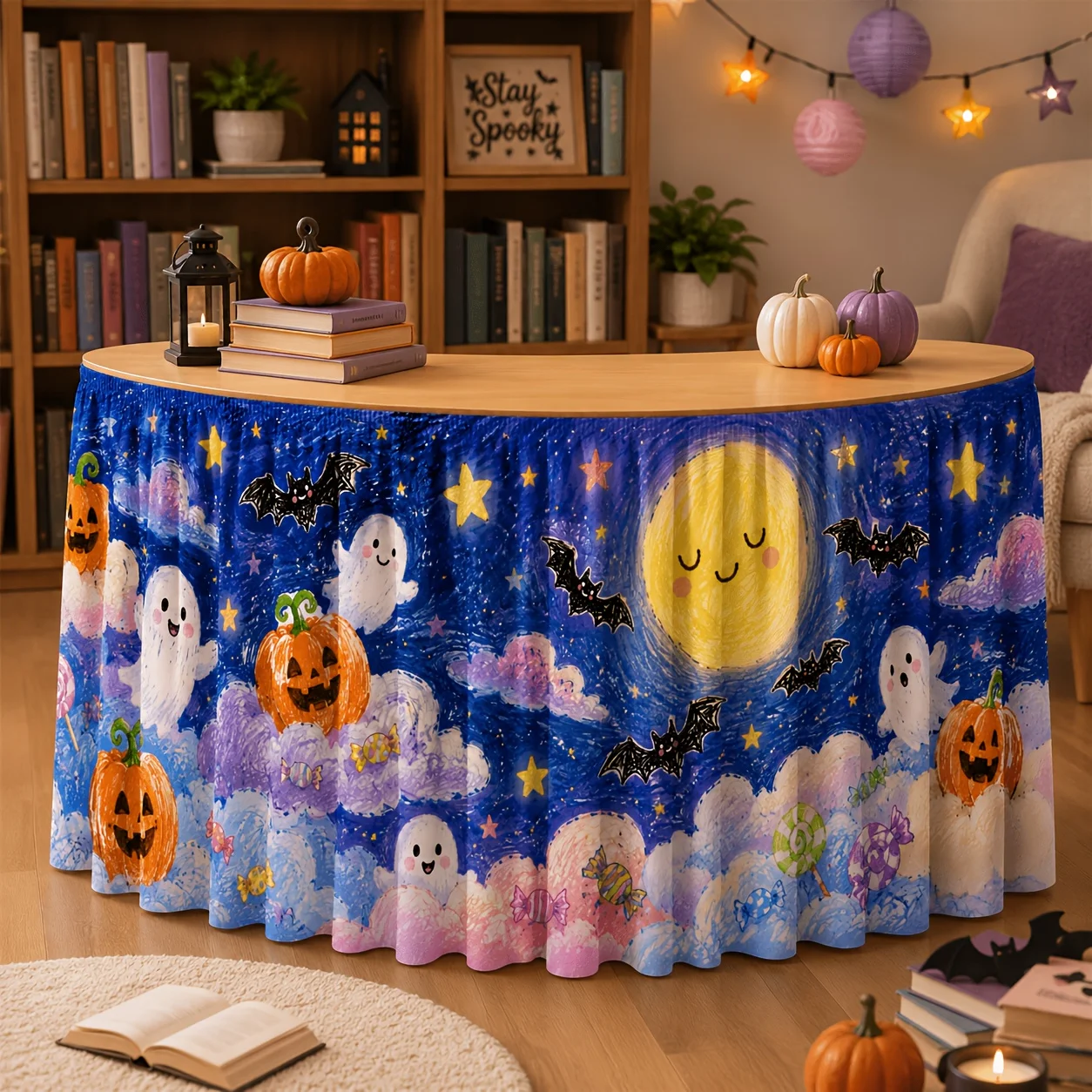1 piece tablecloth table skirt cute ghost pumpkin bat moon stars candies clouds watercolor wind children'szyc