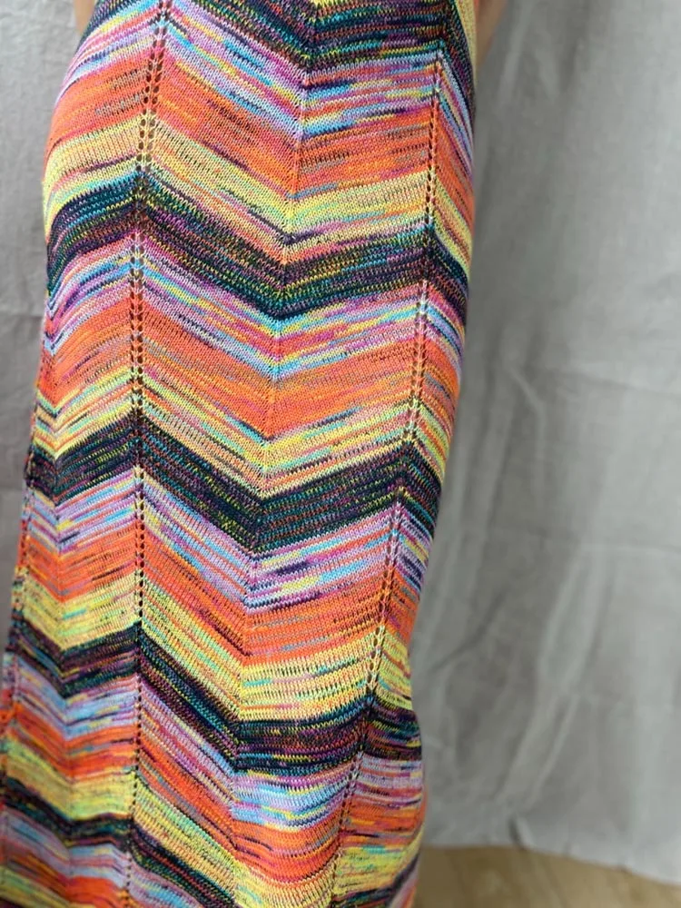 Colorful Wave Striped MIdi Knit Dress Women 2024 Multicolor Long Dress Bohemian Women Clothes