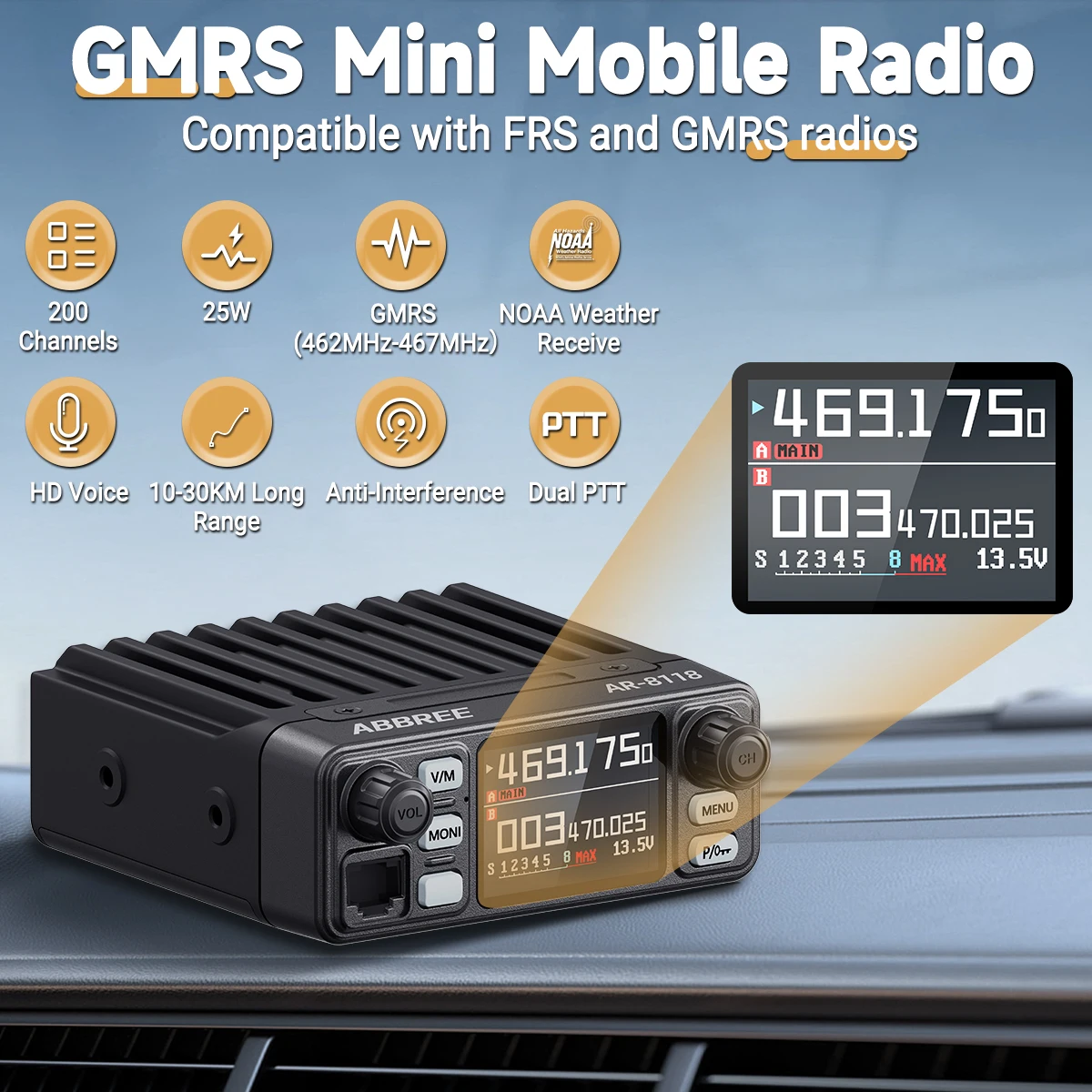 ABBREE AR-8118 GMRS Mobile Radio 25W High Power Mini Vehicle Transceiver Long Range Dual PTT Car Radio For Off Road Overlanding