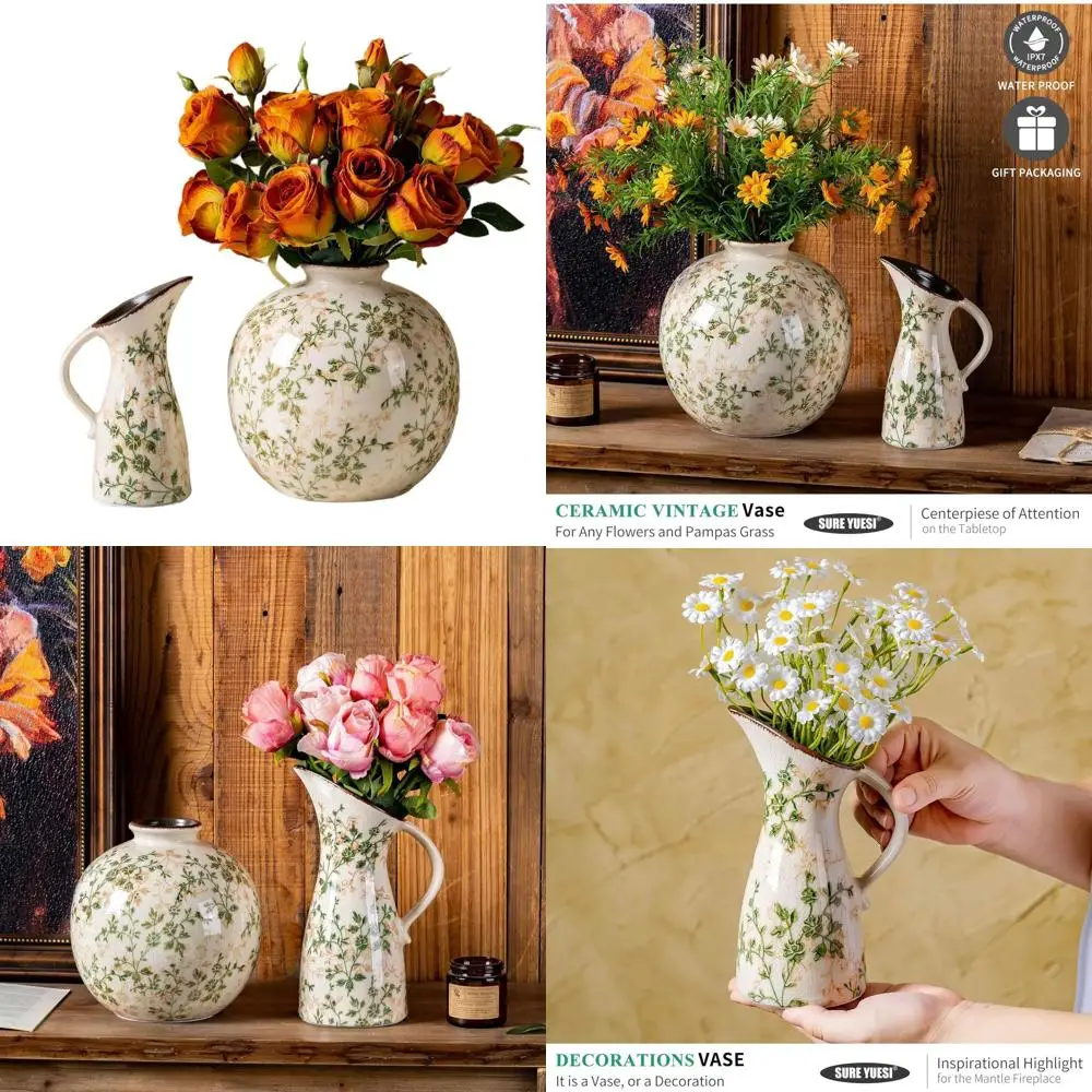 

Pair of Vintage-Style Vases: Green & Beige, Suitable for Flower Arrangements, Rustic Home Decor, Chinoiserie Design, Ideal for L