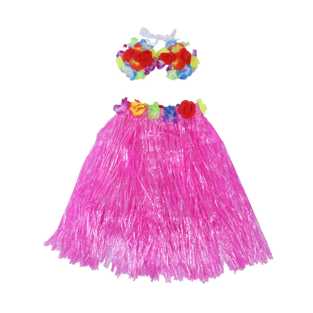 6 Set Hawaiian Grass Skirt Flower Hula Lei Wristband Garland Fancy Dress Costume - Pink