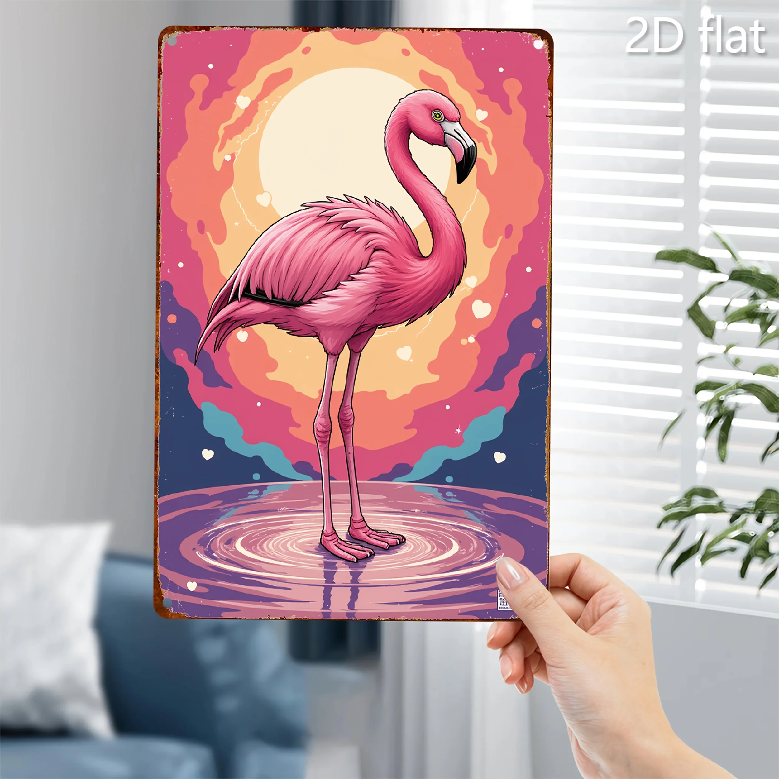 Home&Seasonal Decoration Vintage Metal Flamingo Wall Art- Retro Tinplate Sign with Pink Flamingo& Sunset in Pink, Purple, Orange