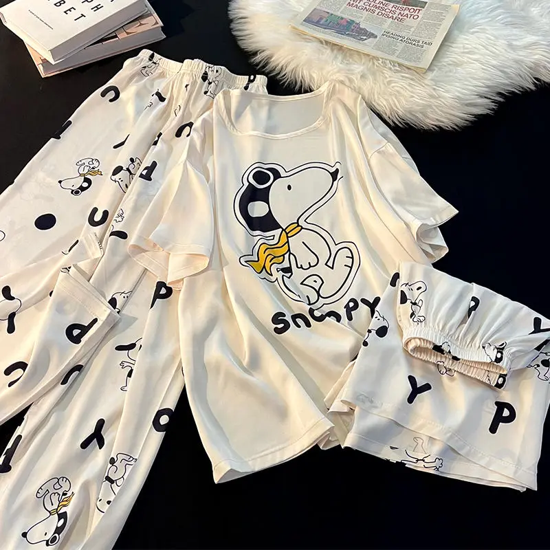 Cartoon Snoopy Pajamas Women's Ice Snow Silk Short Sleeved Shorts Long Pants Three Piece Set for Students Pajamas Birthday Gift